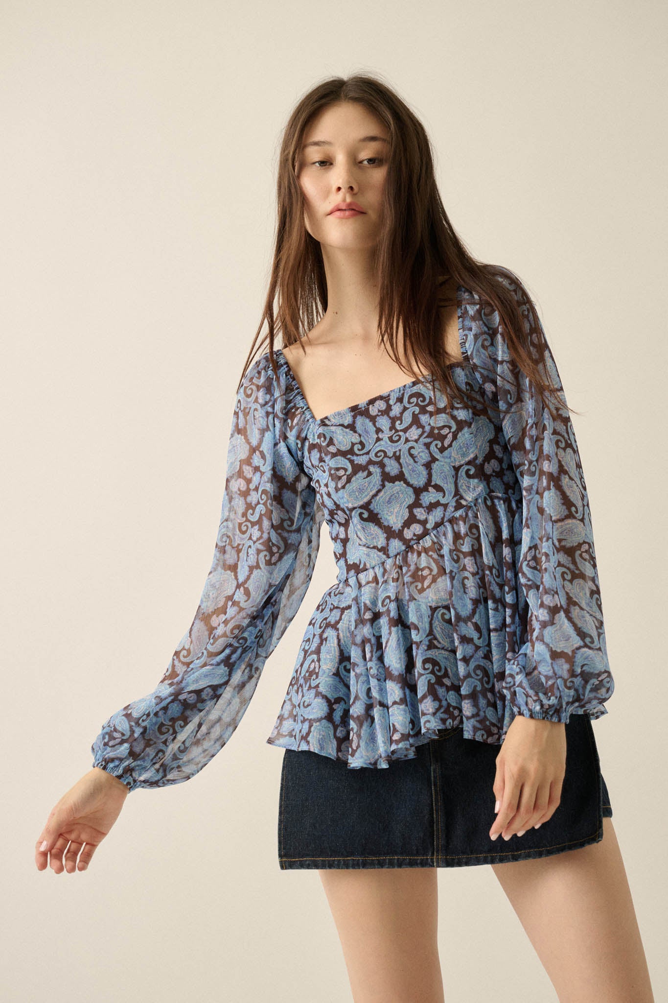 Born Dreamer Paisley Chiffon Balloon-Sleeve Peplum Top - ShopPromesa