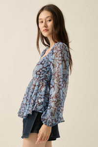 Born Dreamer Paisley Chiffon Balloon-Sleeve Peplum Top - ShopPromesa