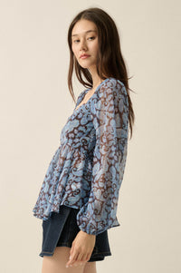 Born Dreamer Paisley Chiffon Balloon-Sleeve Peplum Top - ShopPromesa