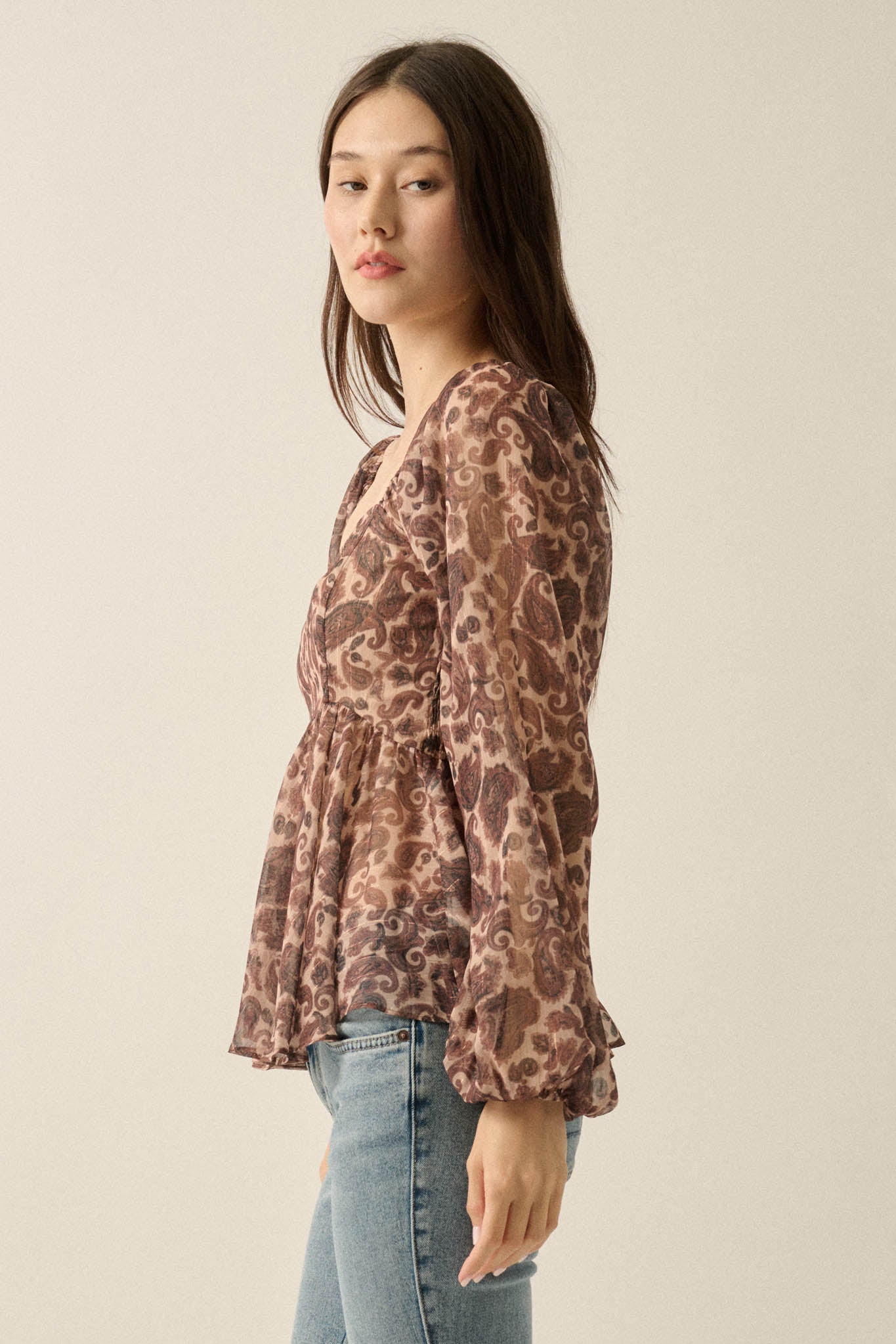 Born Dreamer Paisley Chiffon Balloon-Sleeve Peplum Top - ShopPromesa