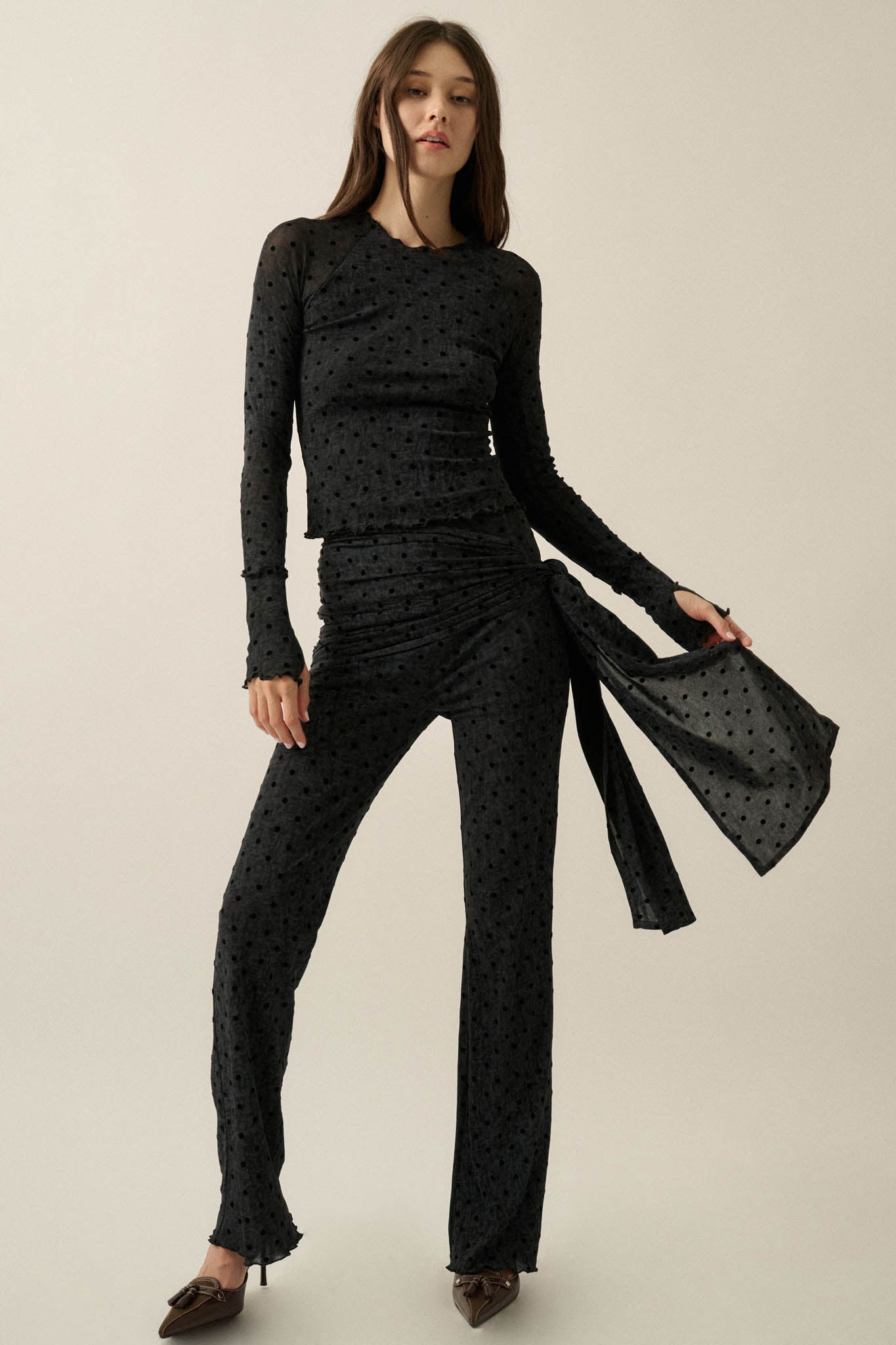 Hot Spot Polka Dot Mesh Long-Sleeve Thumbhole Top
