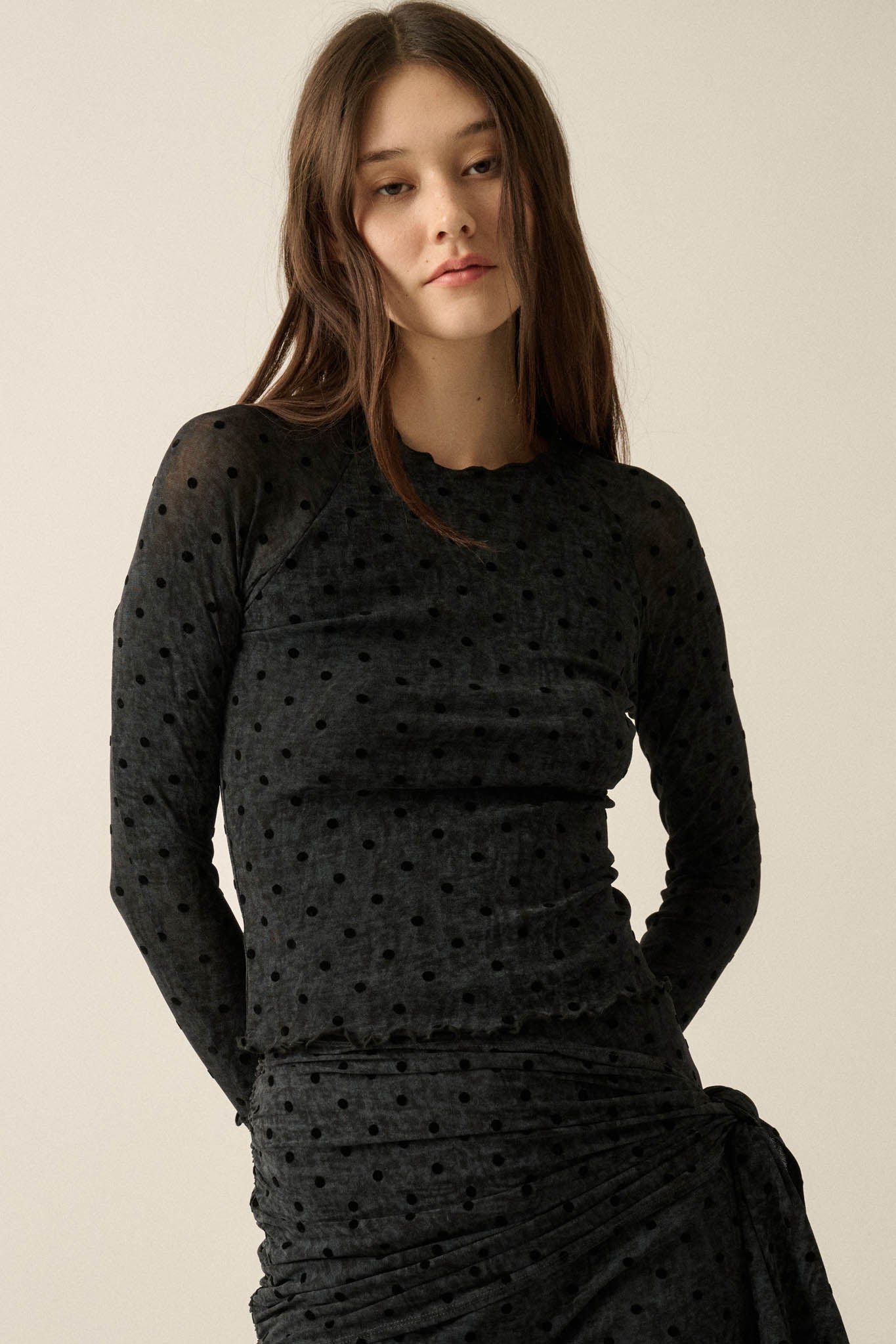 Hot Spot Polka Dot Mesh Long-Sleeve Thumbhole Top - ShopPromesa