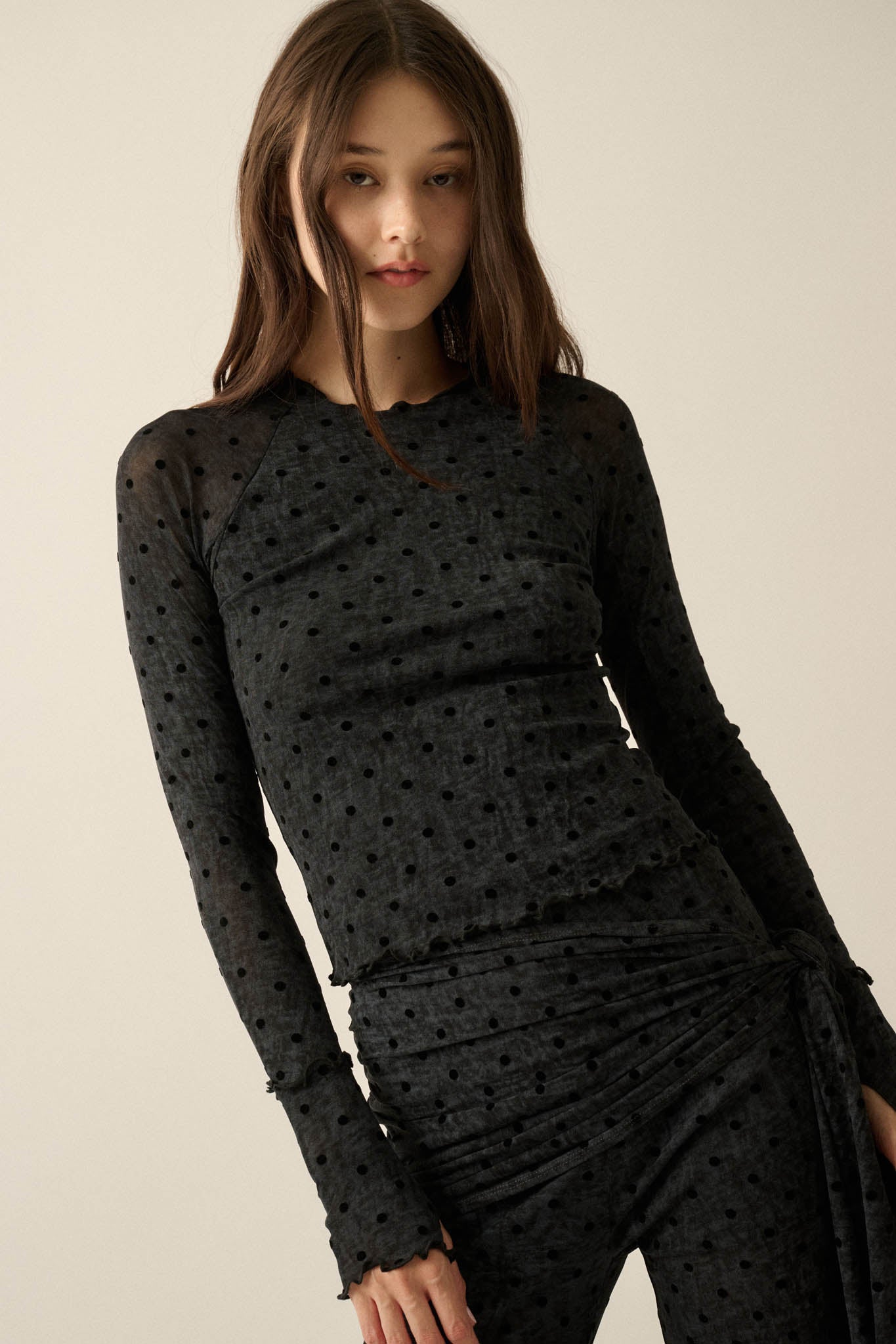 Hot Spot Polka Dot Mesh Long-Sleeve Thumbhole Top - ShopPromesa