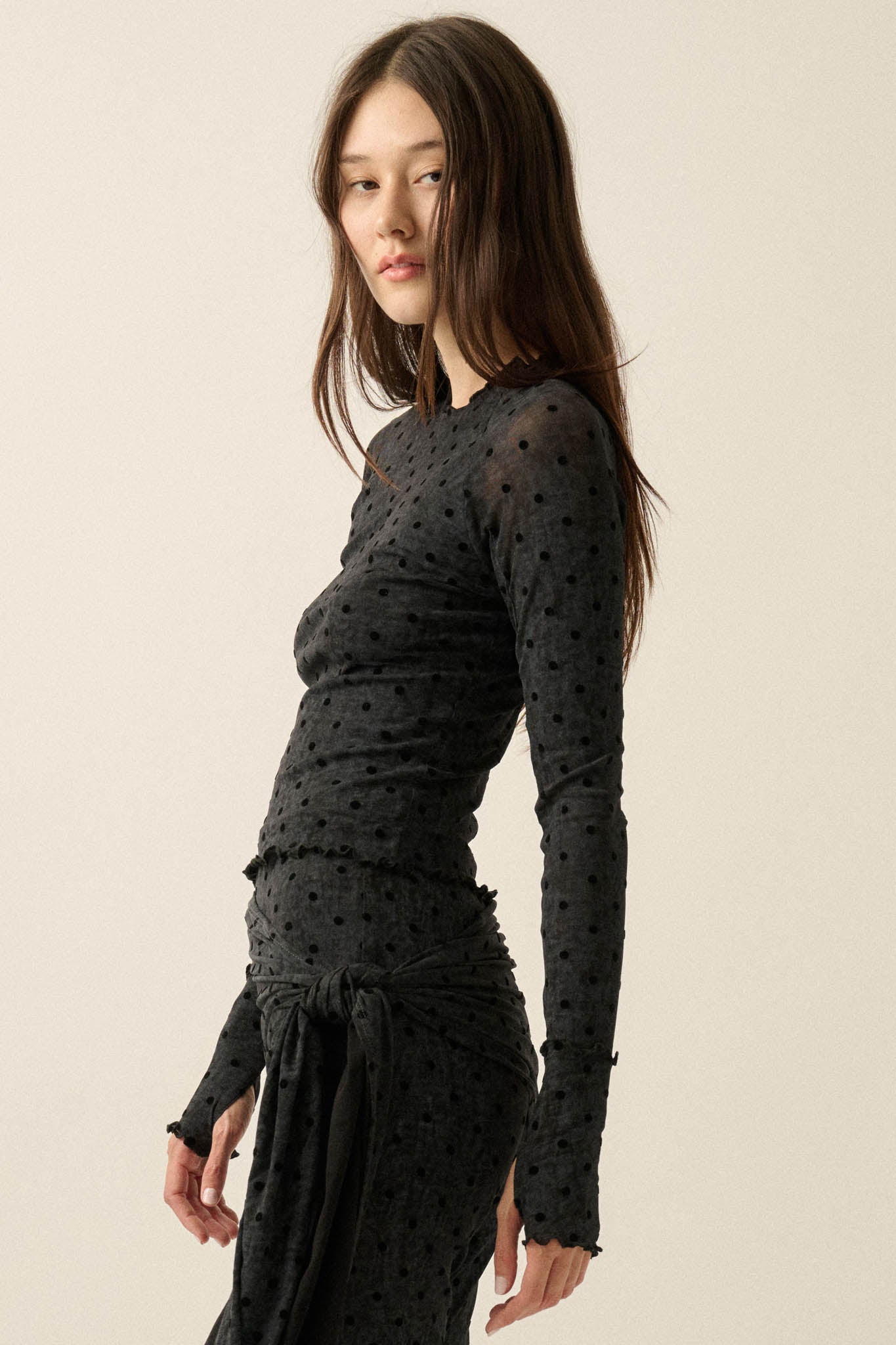 Hot Spot Polka Dot Mesh Long-Sleeve Thumbhole Top - ShopPromesa