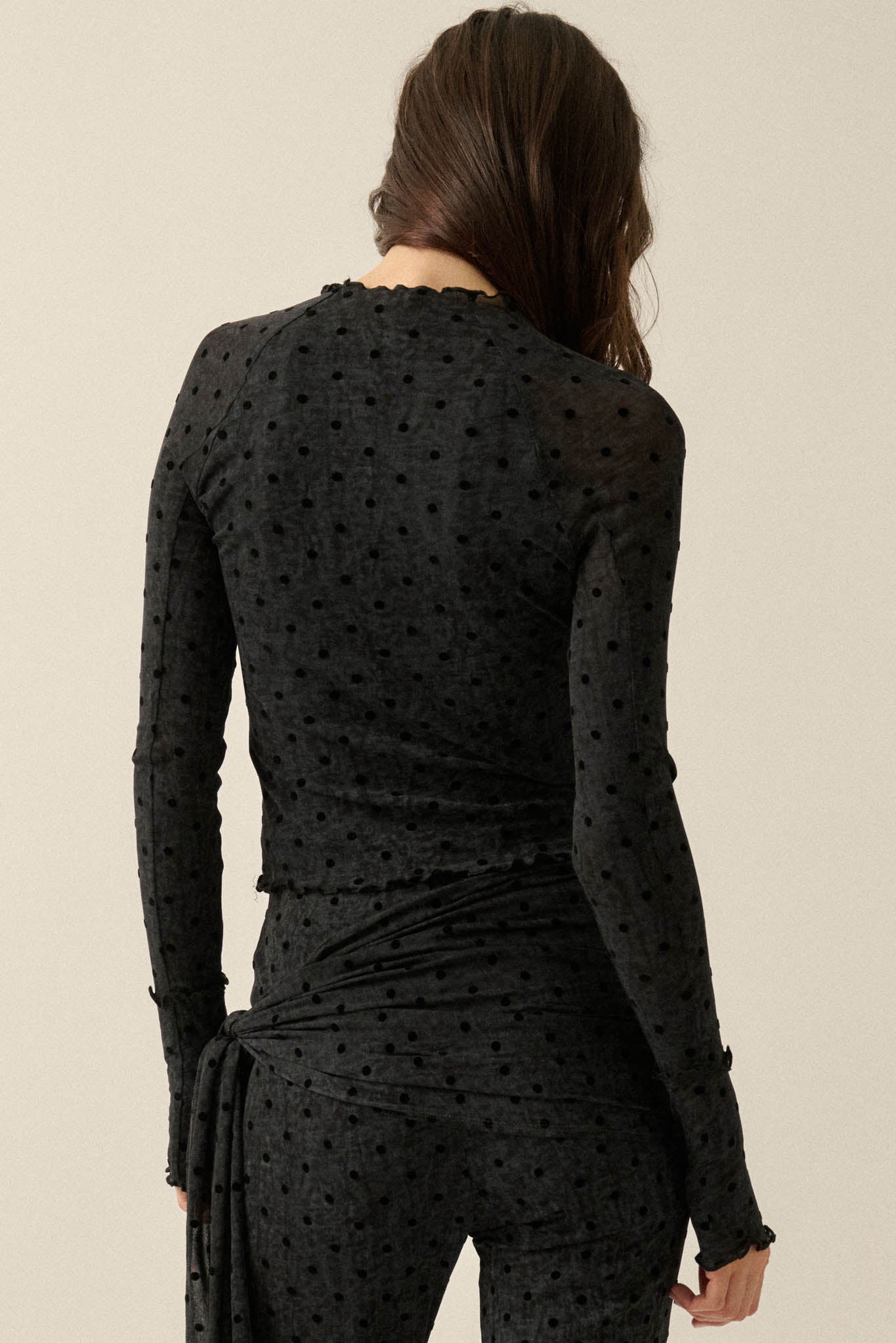 Hot Spot Polka Dot Mesh Long-Sleeve Thumbhole Top - ShopPromesa