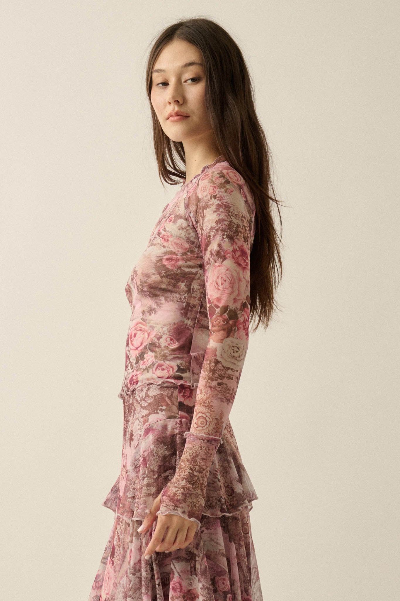 Pretty as a Picture Floral Mesh Thumbhole Top - ShopPromesa