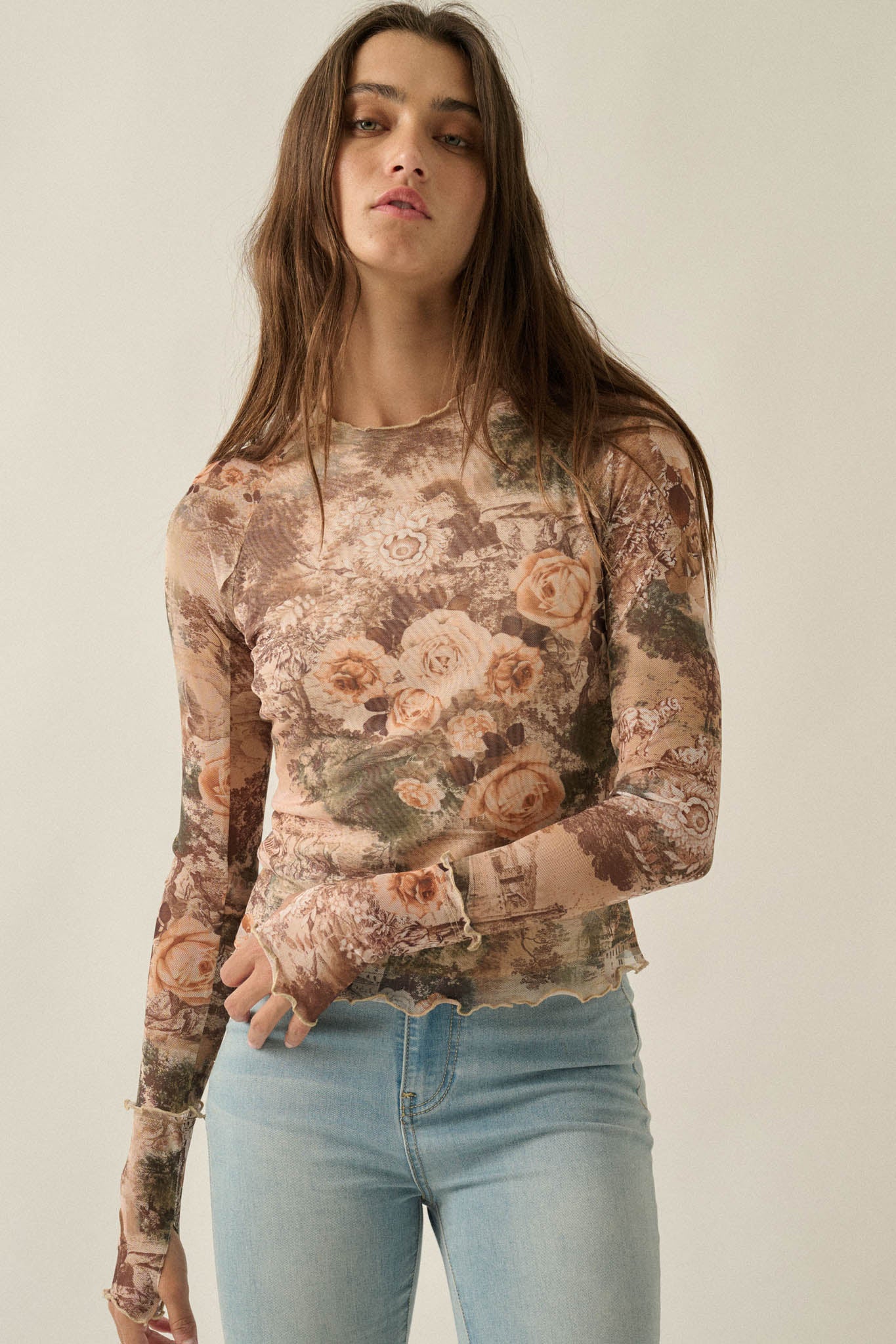 Pretty as a Picture Floral Mesh Thumbhole Top - ShopPromesa