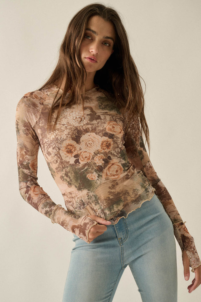 Pretty as a Picture Floral Mesh Thumbhole Top - ShopPromesa