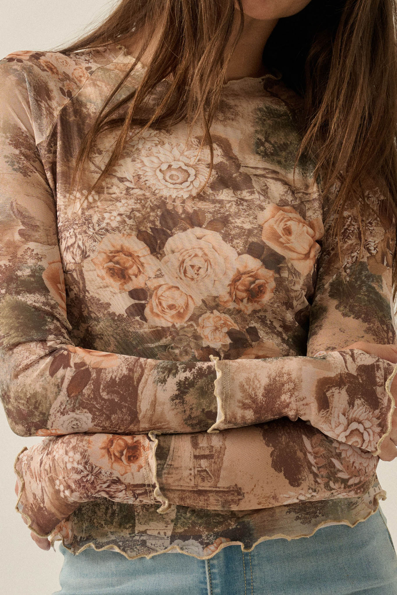 Pretty as a Picture Floral Mesh Thumbhole Top - ShopPromesa
