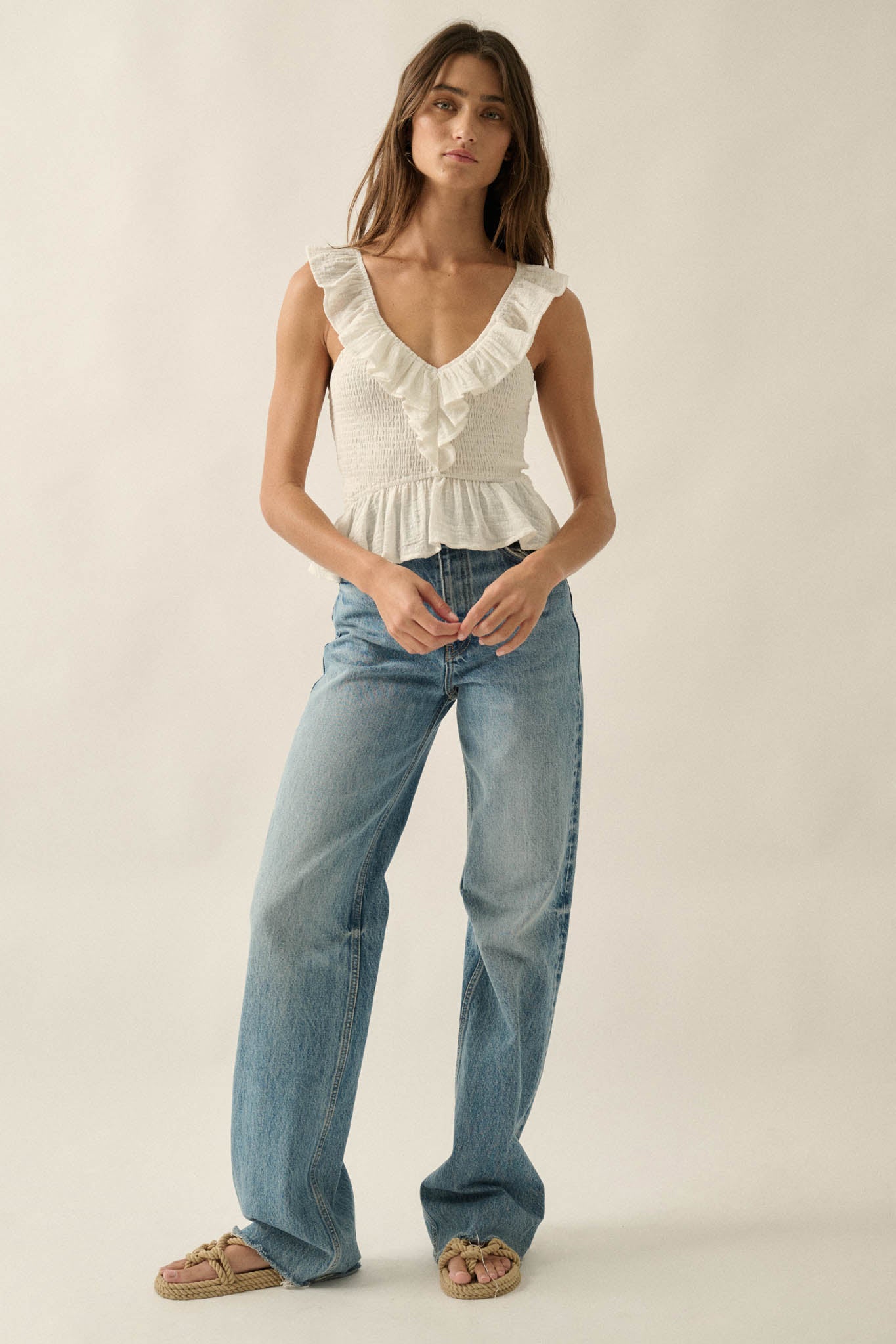 Get Free Smocked Cotton Gauze V-Neck Ruffle Top - ShopPromesa