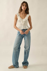 Get Free Smocked Cotton Gauze V-Neck Ruffle Top - ShopPromesa