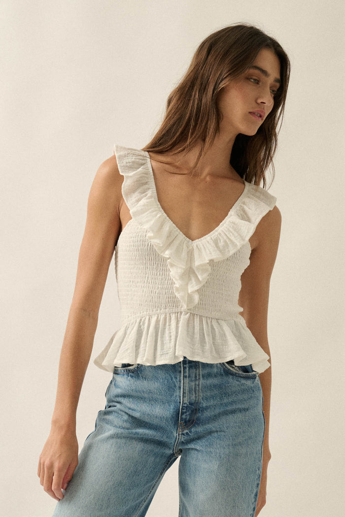 Get Free Smocked Cotton Gauze V-Neck Ruffle Top - ShopPromesa