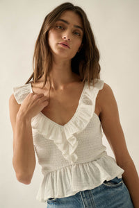 Get Free Smocked Cotton Gauze V-Neck Ruffle Top - ShopPromesa