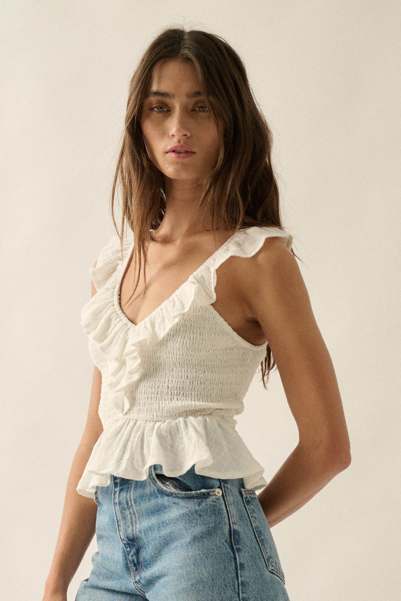 Get Free Smocked Cotton Gauze V-Neck Ruffle Top - ShopPromesa