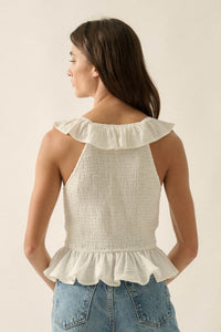 Get Free Smocked Cotton Gauze V-Neck Ruffle Top - ShopPromesa