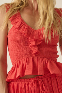 Get Free Smocked Cotton Gauze V-Neck Ruffle Top - ShopPromesa