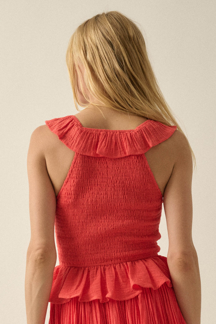 Get Free Smocked Cotton Gauze V-Neck Ruffle Top - ShopPromesa