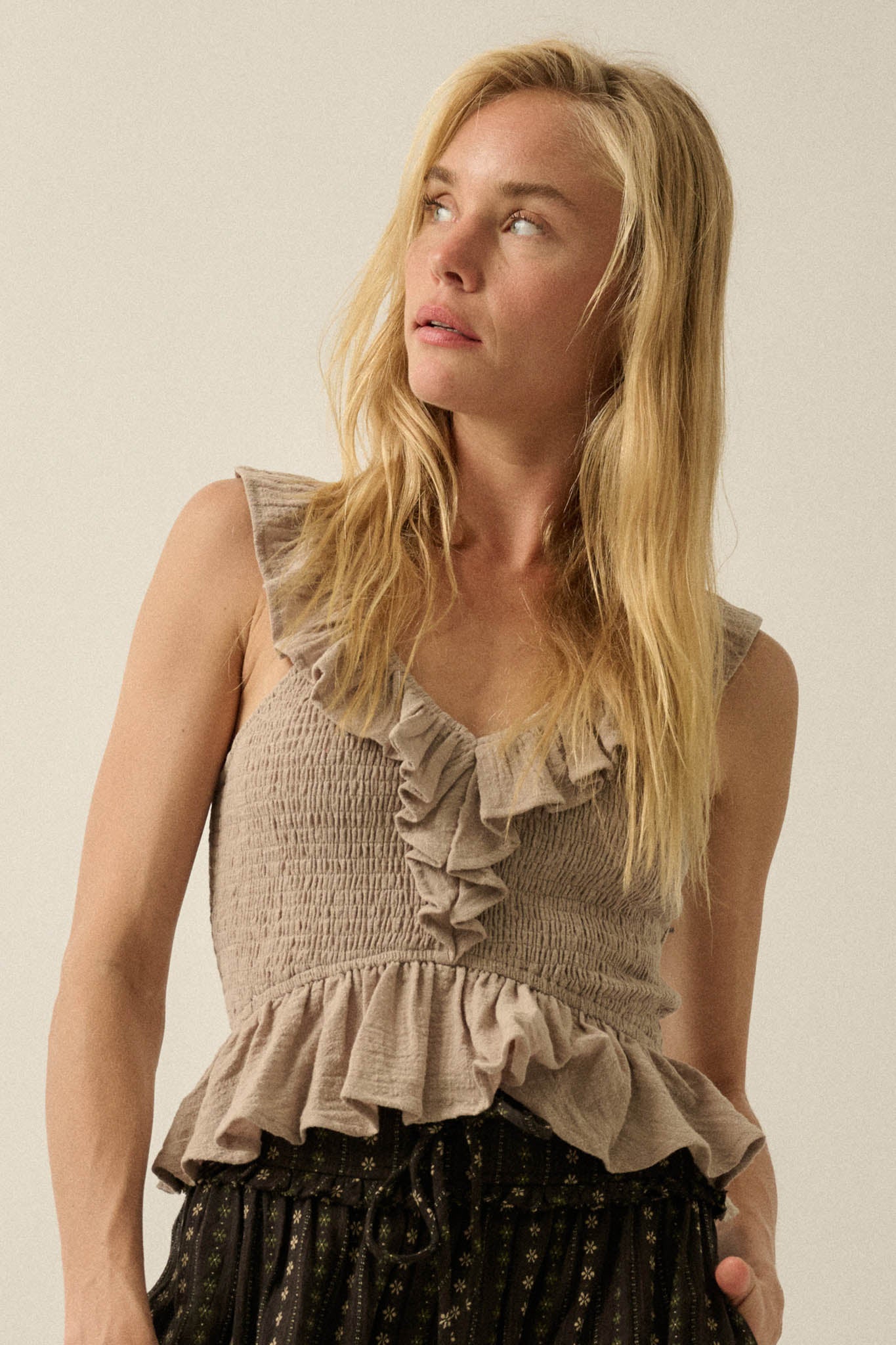 Get Free Smocked Cotton Gauze V-Neck Ruffle Top - ShopPromesa