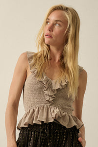Get Free Smocked Cotton Gauze V-Neck Ruffle Top - ShopPromesa