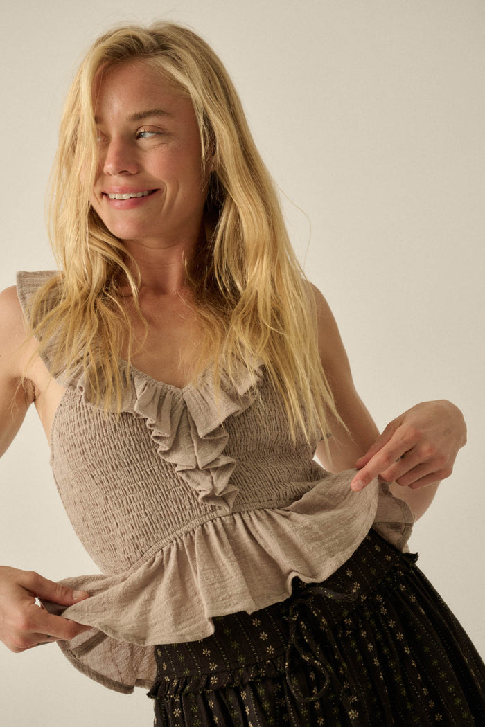 Get Free Smocked Cotton Gauze V-Neck Ruffle Top - ShopPromesa