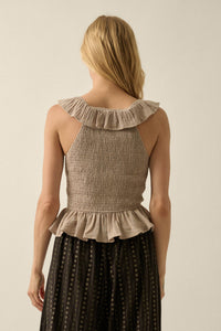 Get Free Smocked Cotton Gauze V-Neck Ruffle Top - ShopPromesa