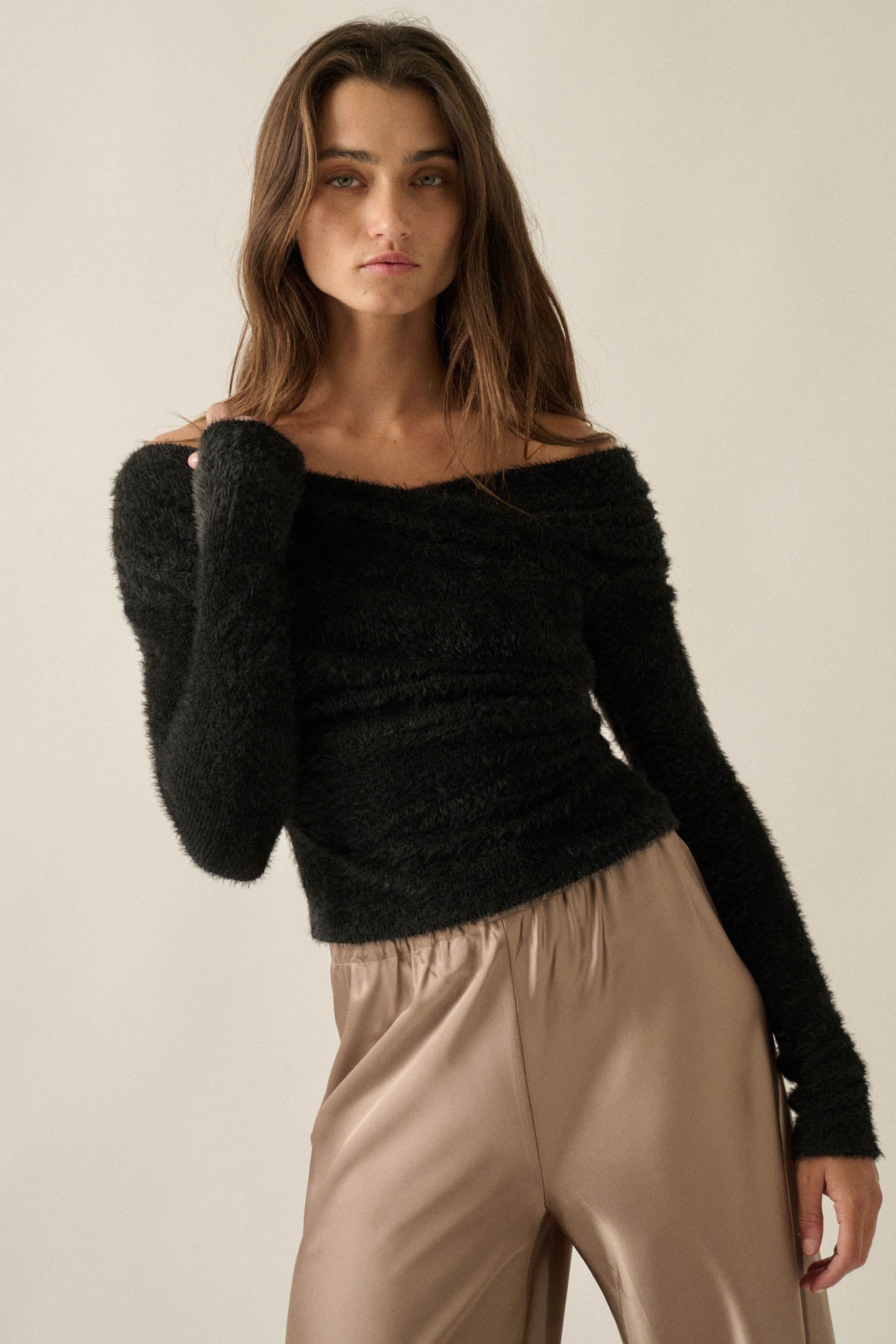 Perfectly Plush Fuzzy Knit Off-Shoulder Crossover Top - ShopPromesa