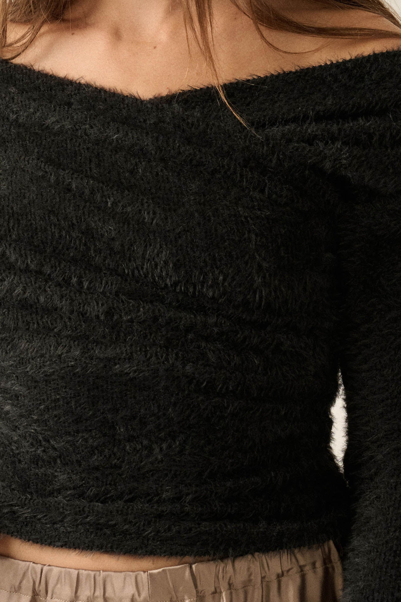 Perfectly Plush Fuzzy Knit Off-Shoulder Crossover Top - ShopPromesa