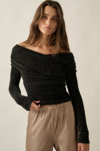 Perfectly Plush Fuzzy Knit Off-Shoulder Crossover Top - ShopPromesa