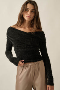 Perfectly Plush Fuzzy Knit Off-Shoulder Crossover Top - ShopPromesa