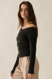 Perfectly Plush Fuzzy Knit Off-Shoulder Crossover Top - ShopPromesa