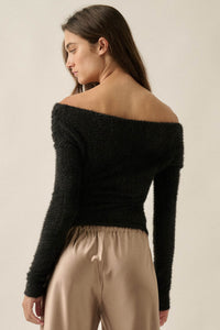 Perfectly Plush Fuzzy Knit Off-Shoulder Crossover Top - ShopPromesa