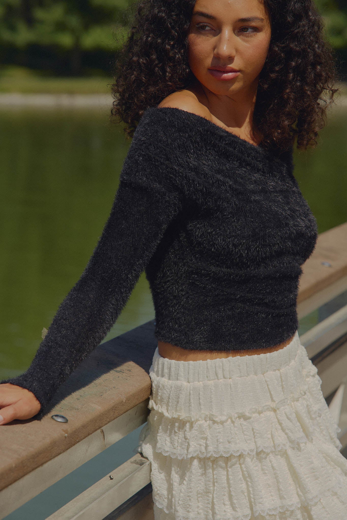 Perfectly Plush Fuzzy Knit Off-Shoulder Crossover Top - ShopPromesa
