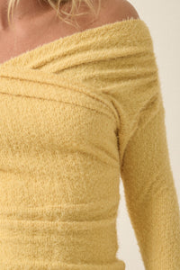 Perfectly Plush Fuzzy Knit Off-Shoulder Crossover Top - ShopPromesa
