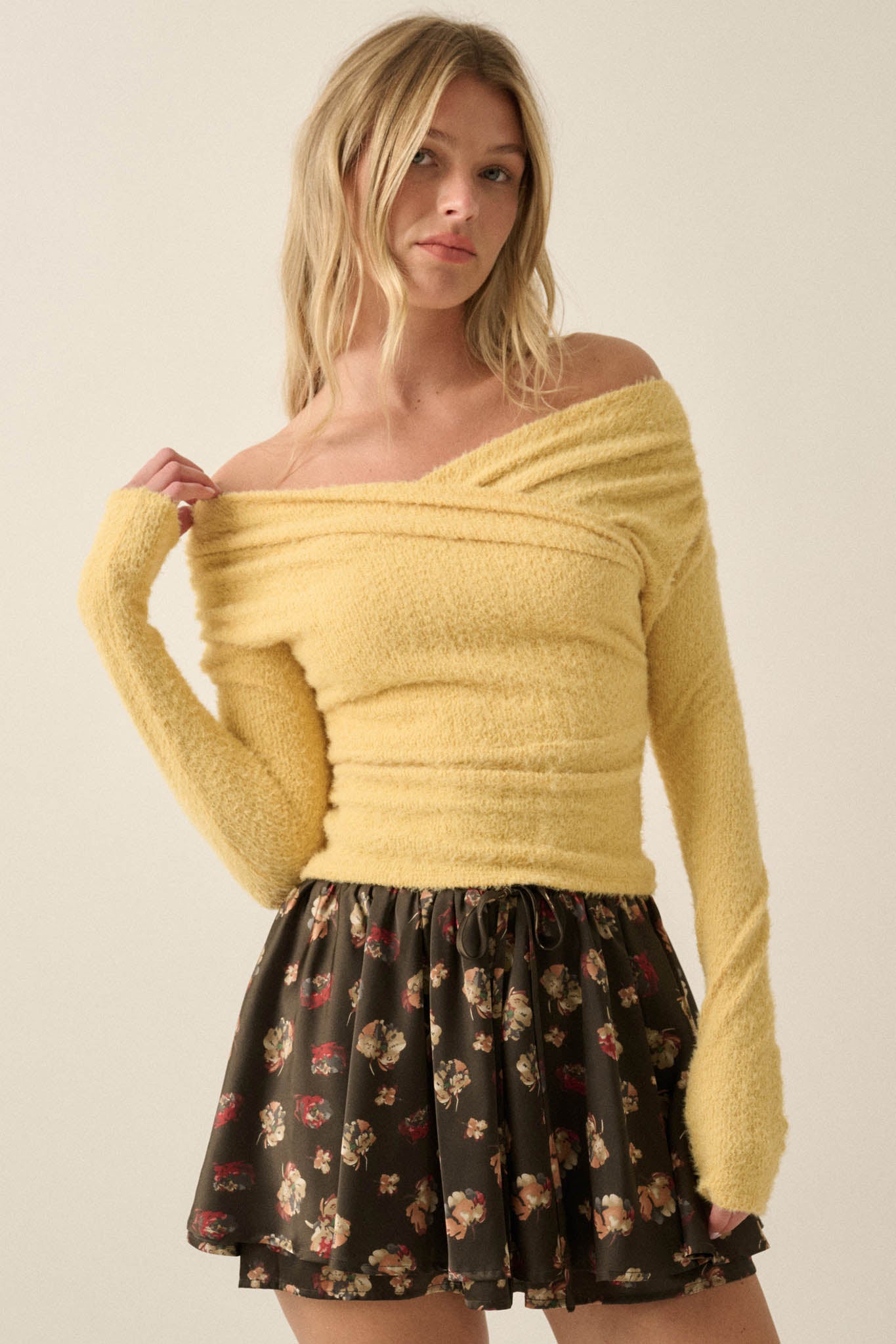 Perfectly Plush Fuzzy Knit Off-Shoulder Crossover Top - ShopPromesa