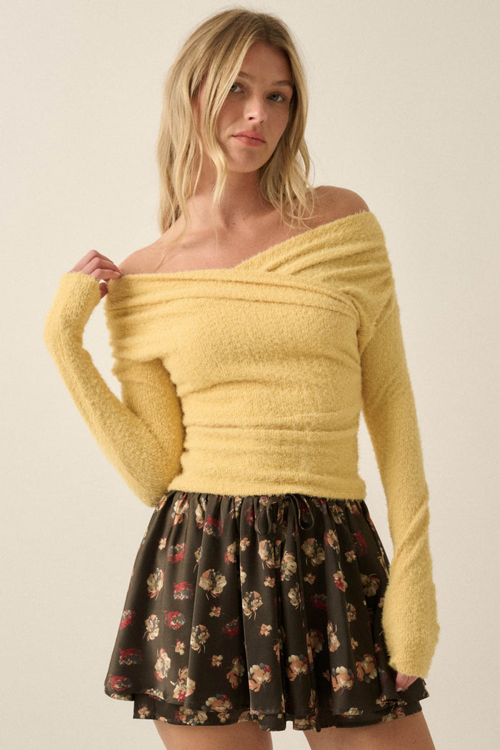 Perfectly Plush Fuzzy Knit Off-Shoulder Crossover Top - ShopPromesa