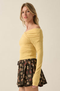 Perfectly Plush Fuzzy Knit Off-Shoulder Crossover Top - ShopPromesa