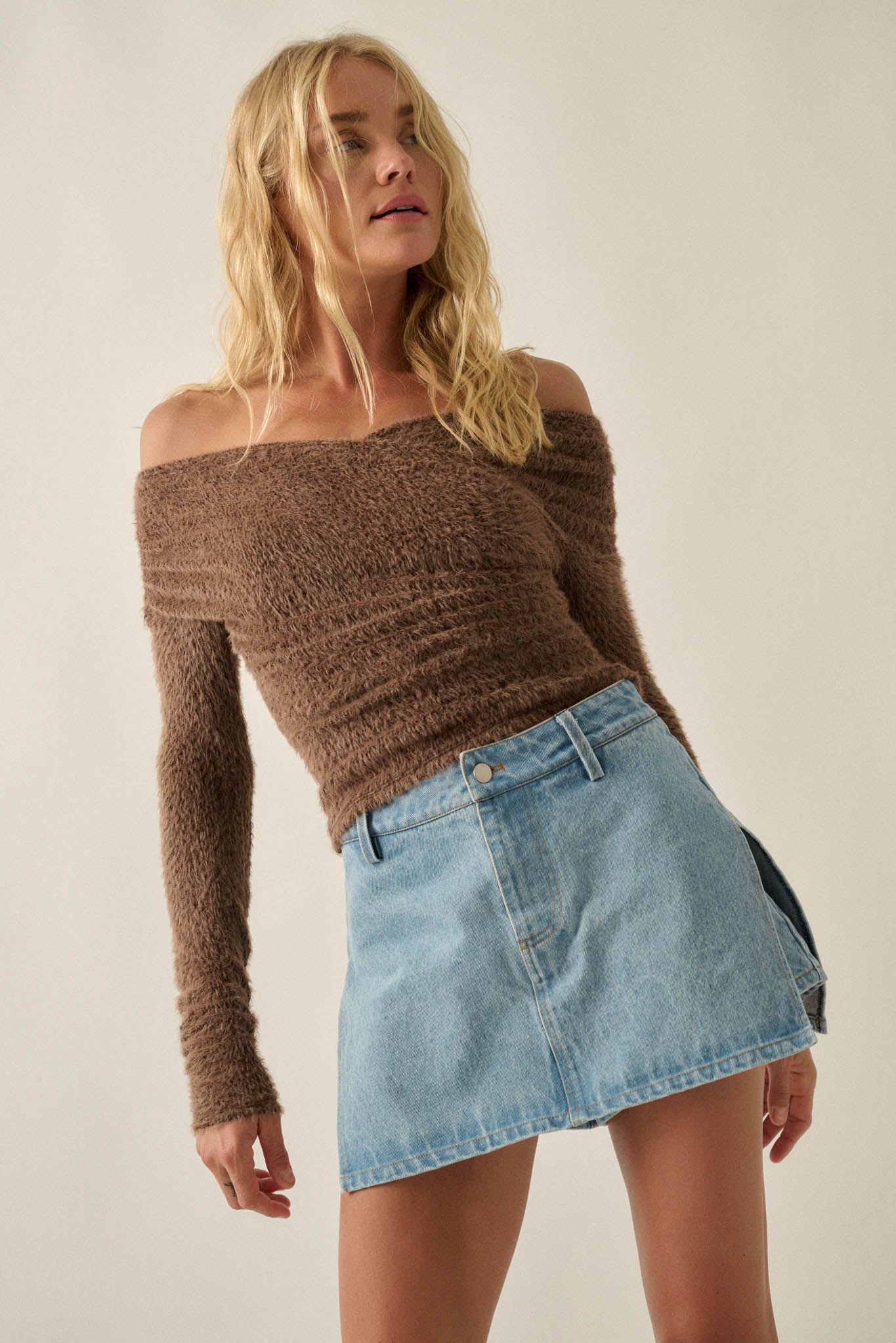 Perfectly Plush Fuzzy Knit Off-Shoulder Crossover Top - ShopPromesa