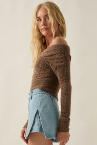 Perfectly Plush Fuzzy Knit Off-Shoulder Crossover Top - ShopPromesa