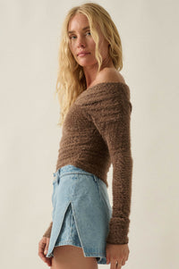 Perfectly Plush Fuzzy Knit Off-Shoulder Crossover Top - ShopPromesa