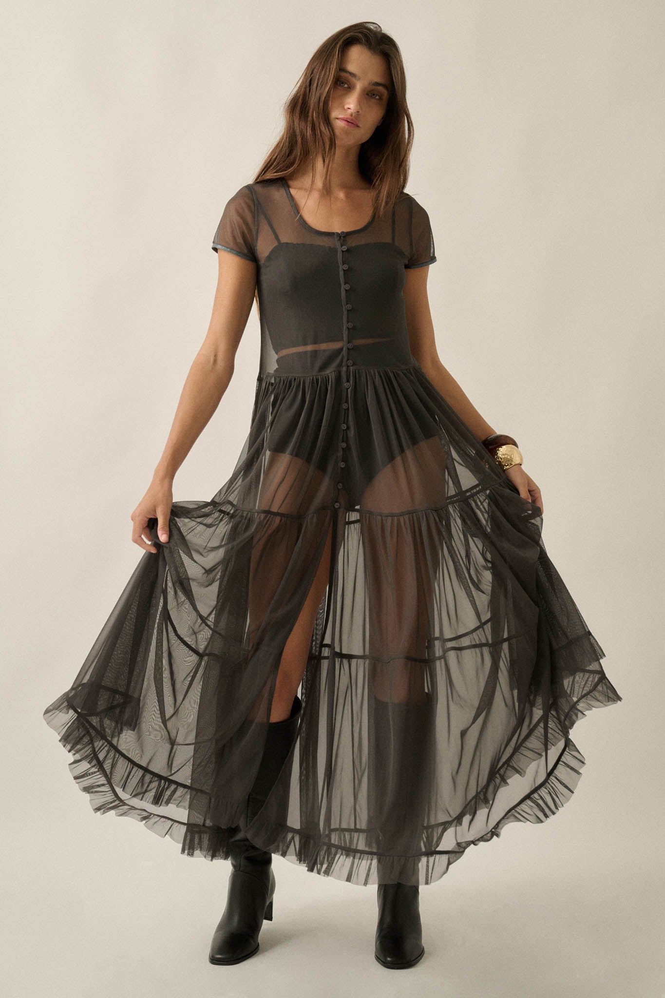 Sheer I Am Tulle Button-Up Tiered Ruffle Maxi Top - ShopPromesa