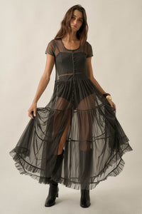 Sheer I Am Tulle Button-Up Tiered Ruffle Maxi Top - ShopPromesa