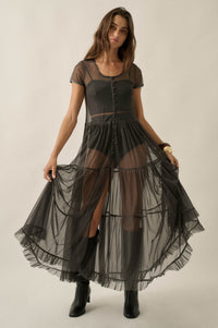 Sheer I Am Tulle Button-Up Tiered Ruffle Maxi Top - ShopPromesa