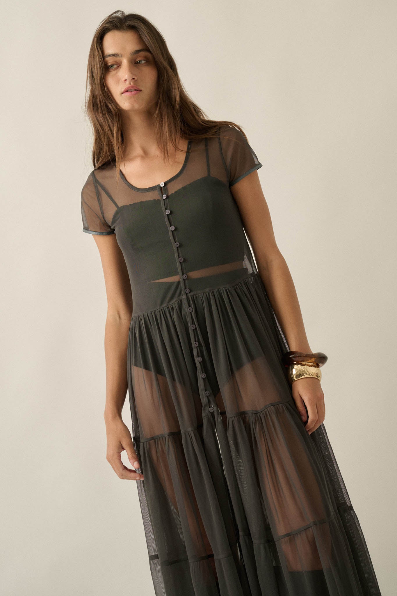 Sheer I Am Tulle Button-Up Tiered Ruffle Maxi Top - ShopPromesa