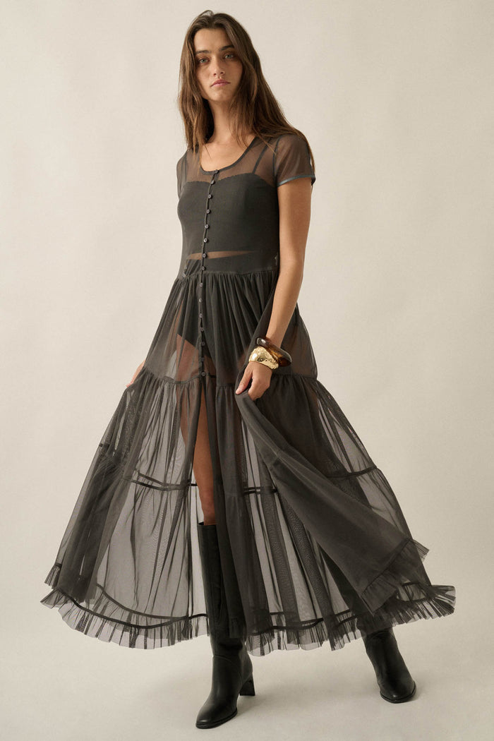Sheer I Am Tulle Button-Up Tiered Ruffle Maxi Top - ShopPromesa