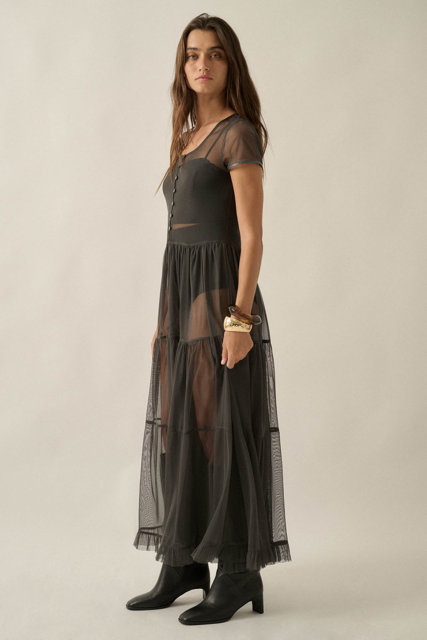 Sheer I Am Tulle Button-Up Tiered Ruffle Maxi Top - ShopPromesa