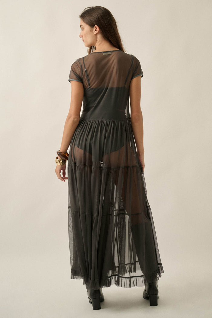 Sheer I Am Tulle Button-Up Tiered Ruffle Maxi Top - ShopPromesa