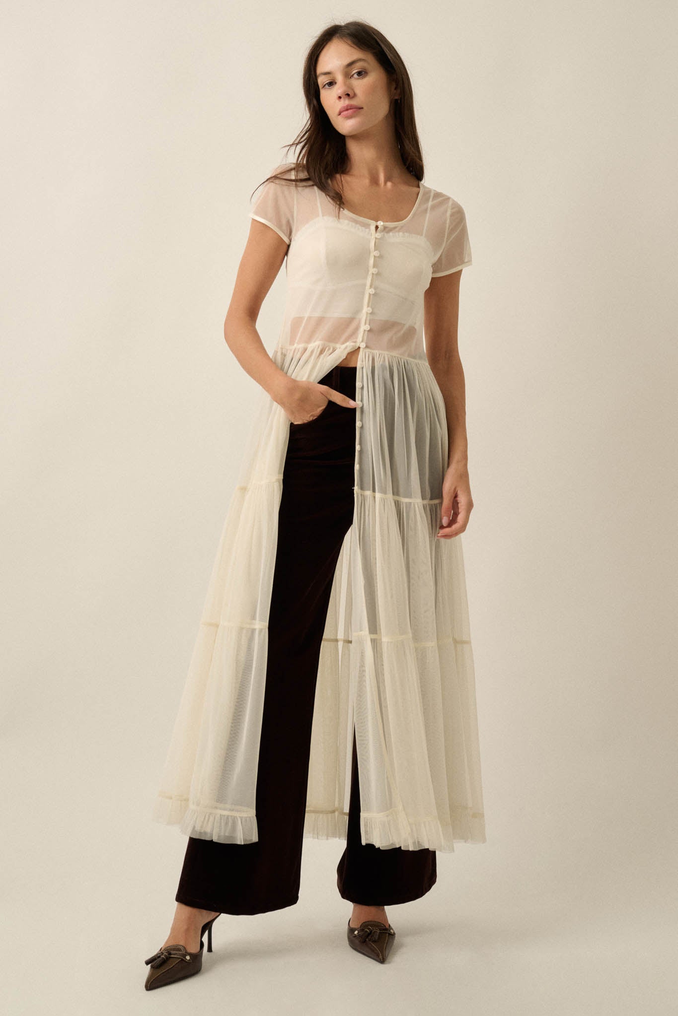 Sheer I Am Tulle Button-Up Tiered Ruffle Maxi Top - ShopPromesa