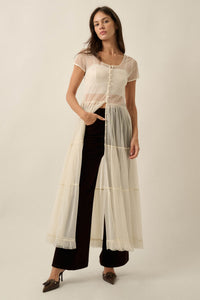 Sheer I Am Tulle Button-Up Tiered Ruffle Maxi Top - ShopPromesa