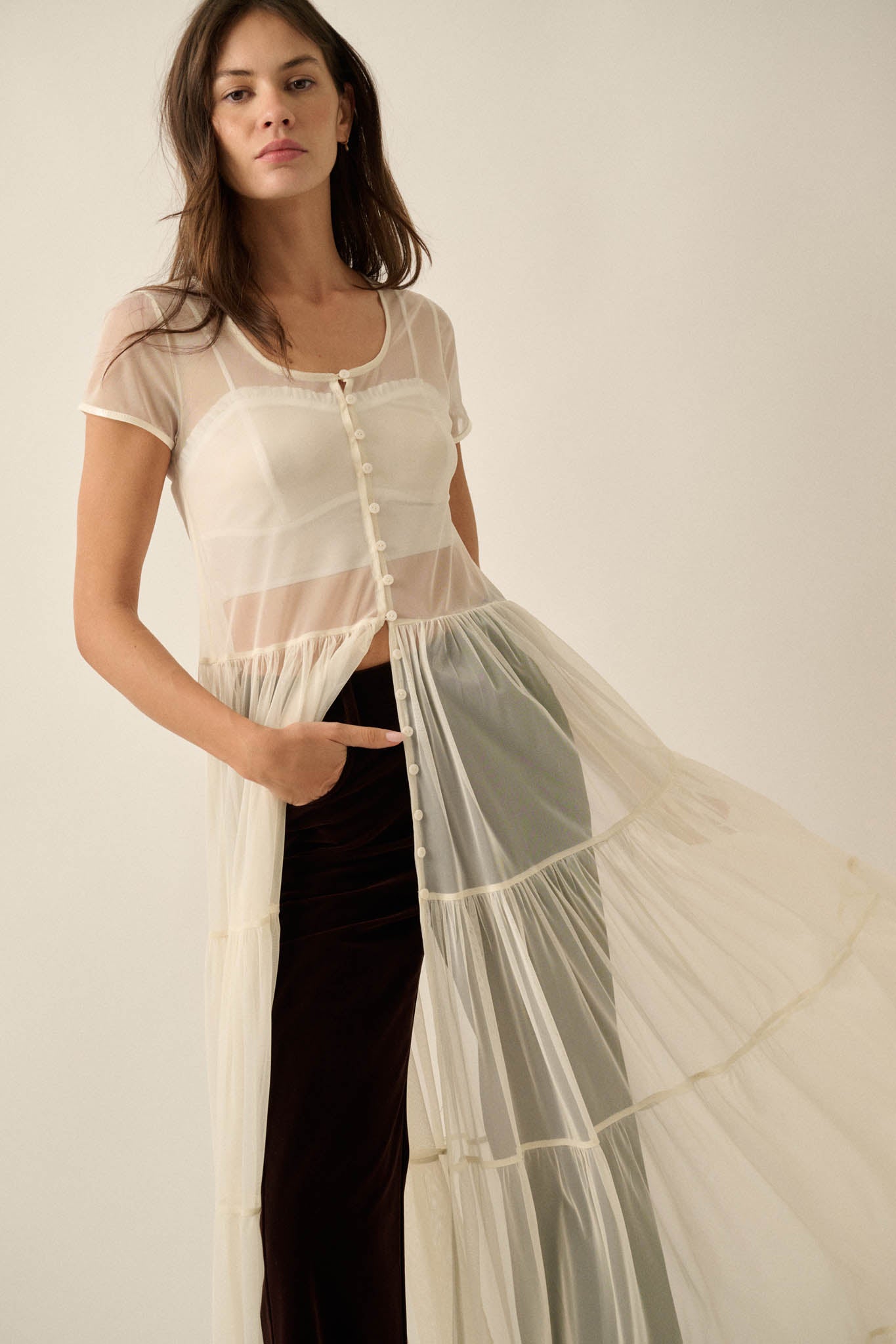 Sheer I Am Tulle Button-Up Tiered Ruffle Maxi Top - ShopPromesa
