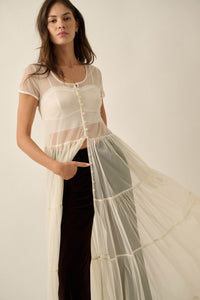 Sheer I Am Tulle Button-Up Tiered Ruffle Maxi Top - ShopPromesa